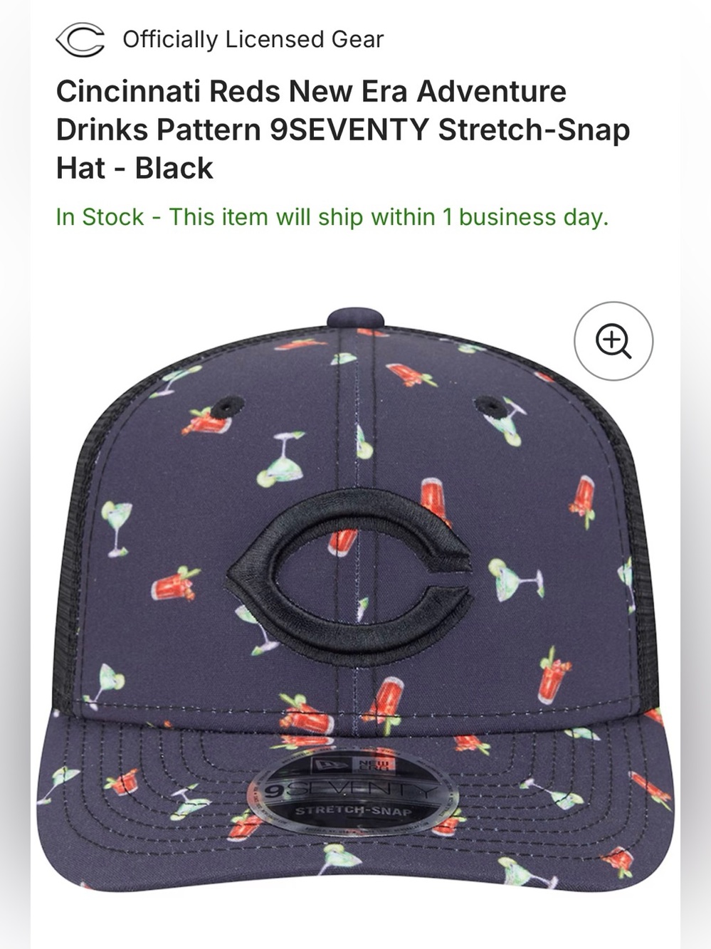 New Era Cincinnati Reds Black Hat with Red & Light Green Cocktail Print